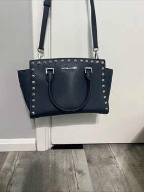 Michael Kors Navy Studded Saffiano Satchel with Silver Hardware